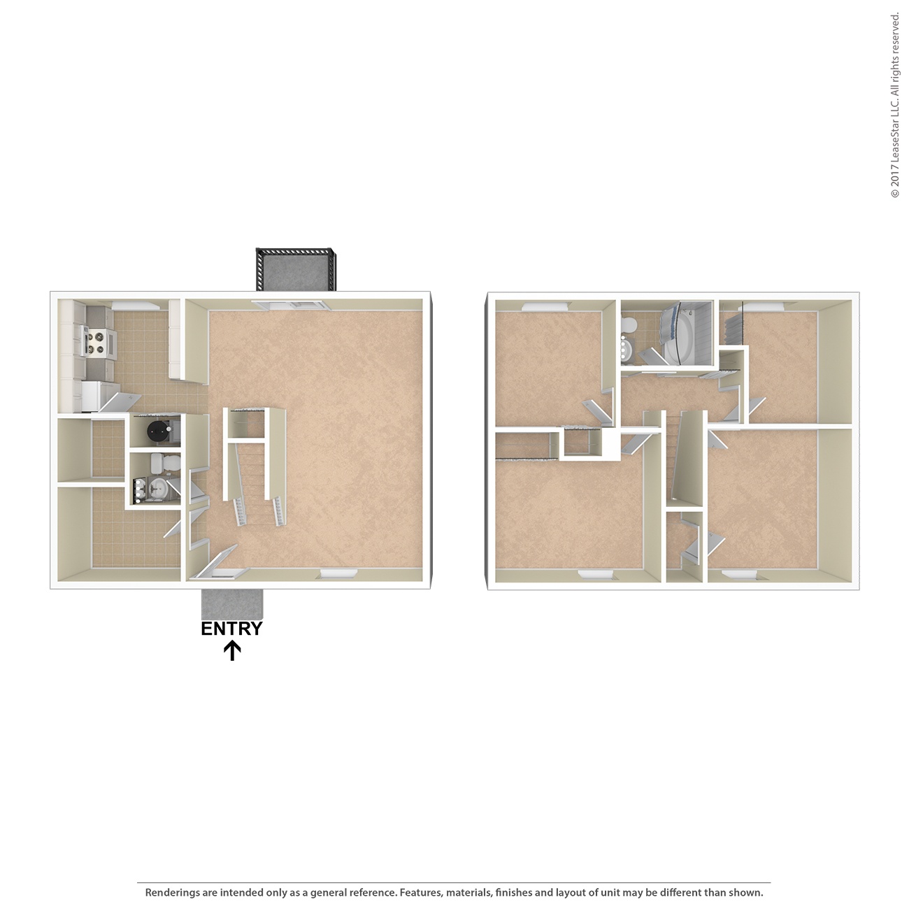 A floor plan of a two-bedroom apartment with an entry point.